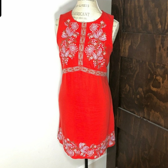 Anthropologie BNWT Aiko Embroidered Shift Dress Red Linen Blend - Picture 4 of 10